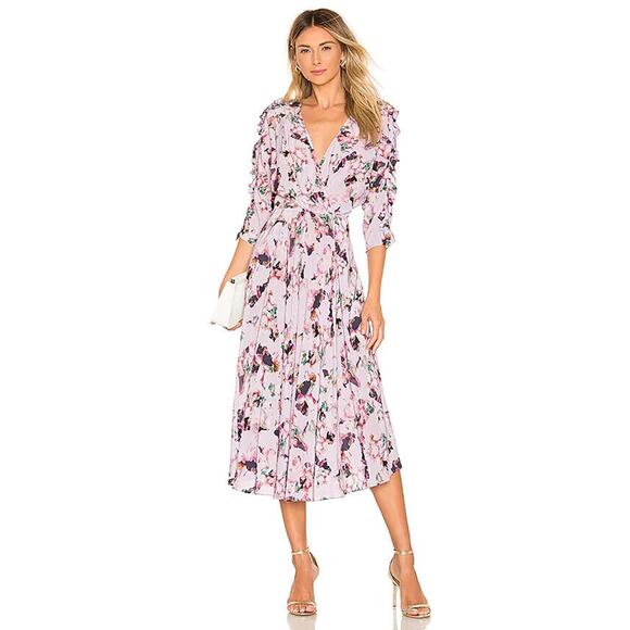 IRO Floral likly below knee 3/4 sleeve ruffle printed Dress Sz 44 US 14 Purple - Picture 1 of 8